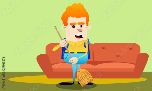 Schoolboy holding a broom. Vector cartoon character illustration.