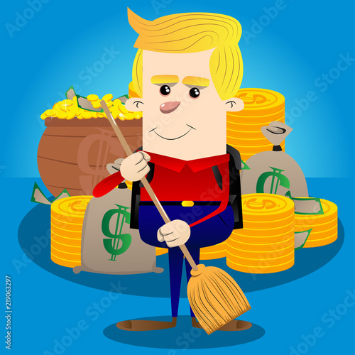 Schoolboy holding a broom. Vector cartoon character illustration.