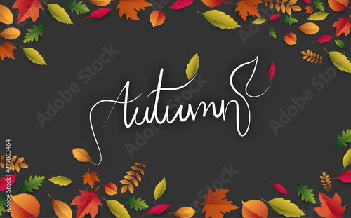 Grey autumn background with beautiful fallen leaves.