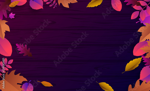 Purple wooden textured autumn background with beautiful leaves.