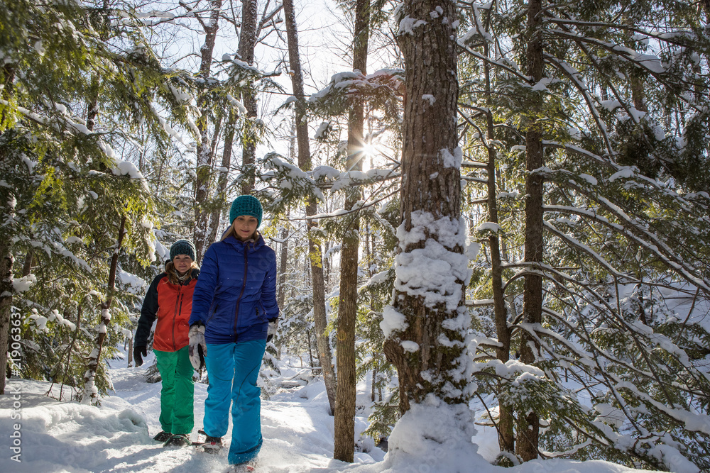 Pair of female friends snowshoeing in forest. Pair of female friends snowshoeing in forest.