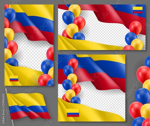 Colombian patriotic festive posters set. Vector template with transparent space for background or text. Realistic waving colombian flag and colorful air balloons. Colombia independence and freedom.