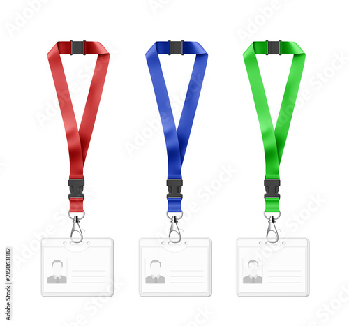 Set of lanyards with id card. Vector illustration isolated on white background. Ready mockup to use for for presentations, conferences and other business situations. EPS10.