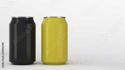 Two small black and yellow aluminum soda cans mockup on white background