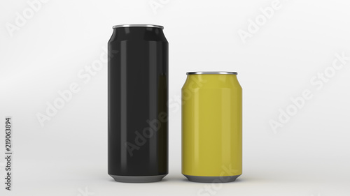 Big black and small yellow aluminum soda cans mockup