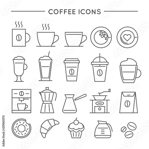 Coffee icon set in thin line style. Cafe and restaurant corporate identity design elements. Coffee maker or coffee shop vector pictograms. Hot drinks signs collection isolated on white background