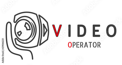 Logo for video operator. Human hand with videocam. Simple linear vector