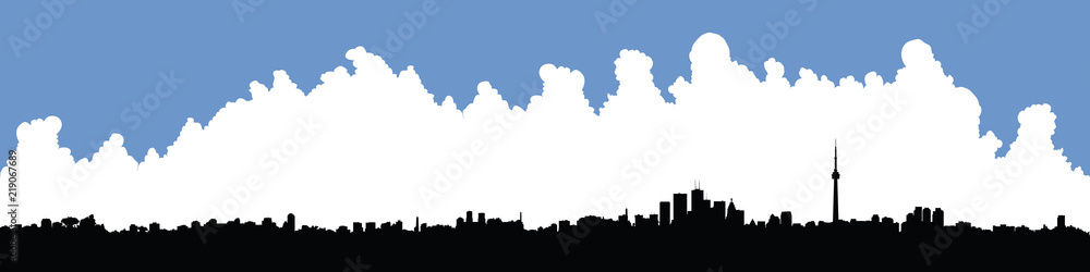 Panoramic skyline silhouette of the city of Toronto, Ontario, Canada.