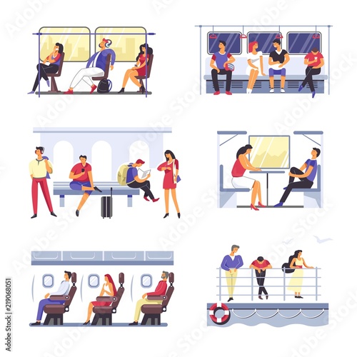 Passenger people in public transport. Vector faceless man and woman