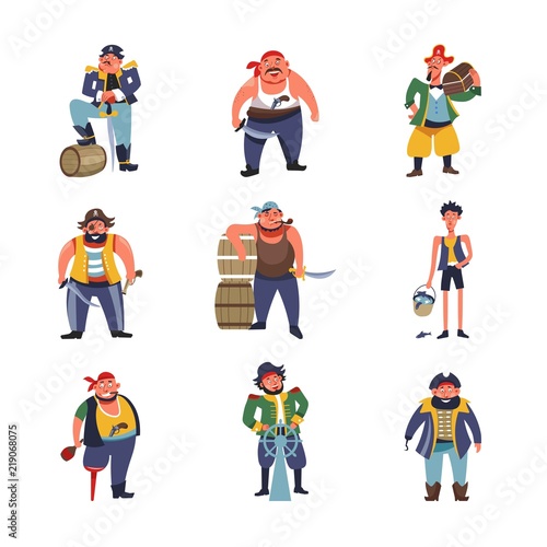 Pirates cartoon characters of captains with ship helm or sailor filibuster with gold money chest
