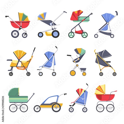 Stroller or baby pram models vector icons