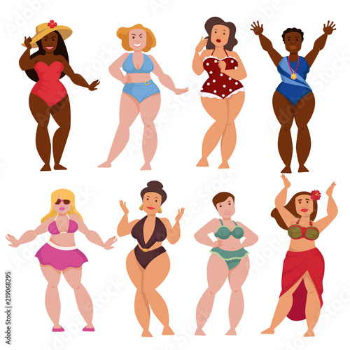 Plump women cartoon characters. Vector Afro-American pin up