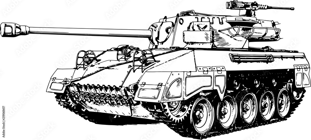powerful tank with a gun drawn in ink freehand sketch