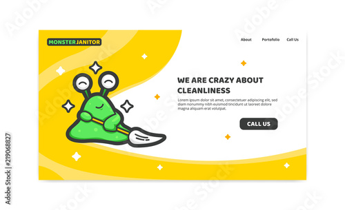 Slime Monster Janitor Cleaner Service website header. Cartoon mascot illustration landing page template ui layout for cleaning service web