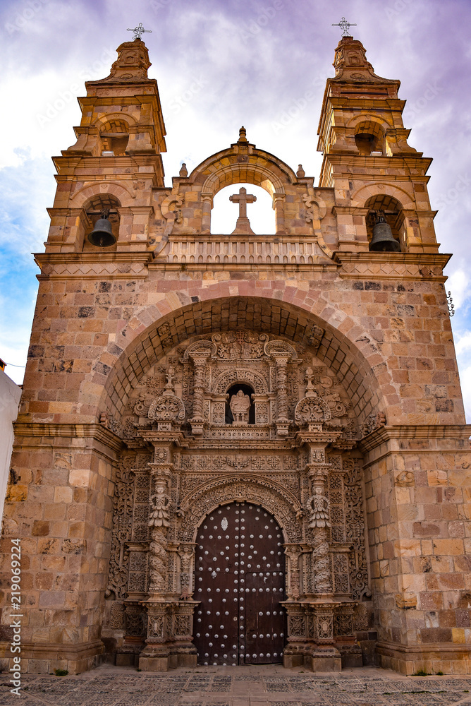 Front facade of the San Lorenzo church, in Potosi, Bolivia