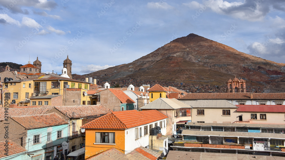 View of the Cerro Rico mountain from the rooftop of the San Lorenzo chapel, Potosi, Bolivia
