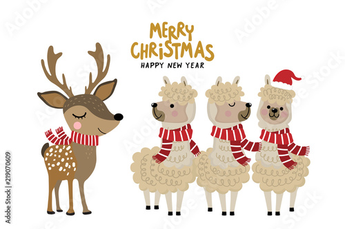 Cute alpaca and deer wear Christmas costume. Animal holiday cartoon character. 