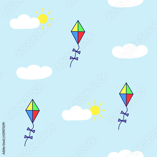 Vector seamles pattern with sun, clouds and kites
