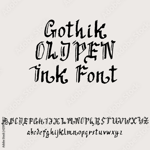 Hand drawn modern dry brush lettering. Gothic style alphabet. Grunge handwritten font. Vector illustration.