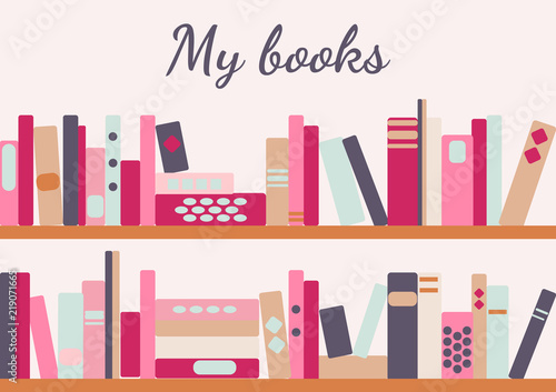 illustration of bookshelves with retro style books