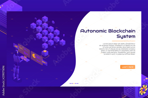 Isometric blockchain technology banner concept. Modern Concept of Digital Technology in the Shape of Block Chain with robot. Vector Illustration.