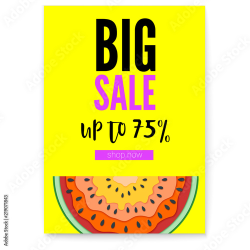 Big sale, bright poster with half past of watermelon. Get up to seventy five percent discount. Summer offer for shopping. Watermelon cut out from paper, multilayer vector illustration.
