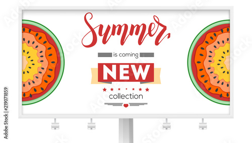 New summer collection. Billboard with half past of watermelons. New arrival of goods. Summer offer for shopping. Watermelon cut out from paper, multilayer vector illustration