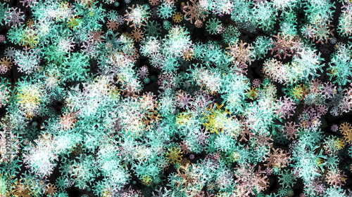 Abstract background with a variety of colorful snowflakes. Big and small.