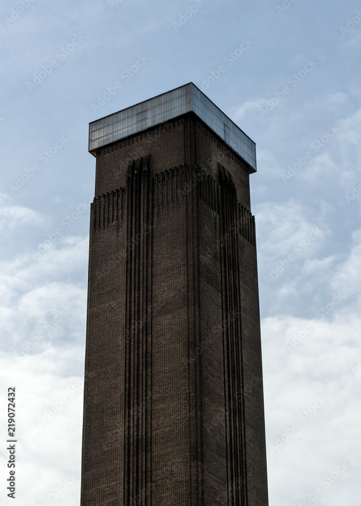 Chimney / tower of decommissioned Bankside Power Station (active 1891-1981), now used as Tate Modern gallery in London.