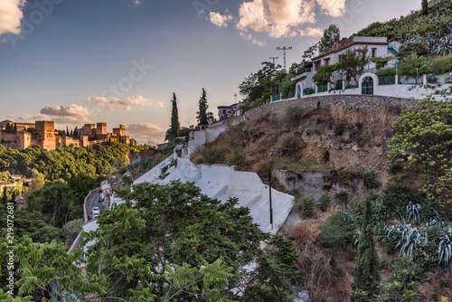 Sunset view over Granada and Alhambra Palace, Andalucia, Spain