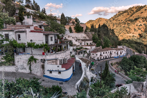 View over the famous Sacromonte in Granada, Andalucia, Spain. Moorish achtitecture, cave houses opposite to the Alhambra palace and next to Albaicín.