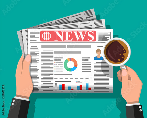 Businessman with coffee reading daily newspaper. News journal design. Pages with various headlines, images, quotes, text and articles. Media, journalism and press. Vector illustration in flat style.