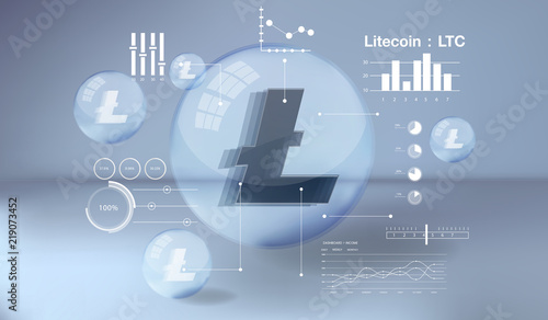 Cryptocurrency icon and info graphic with buble style on blue background:LTC icon