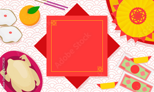 Set of Chinese offerings Vector illustration. Chinese offerings and Joss paper, Ghost Money on red pattern background with copy space.