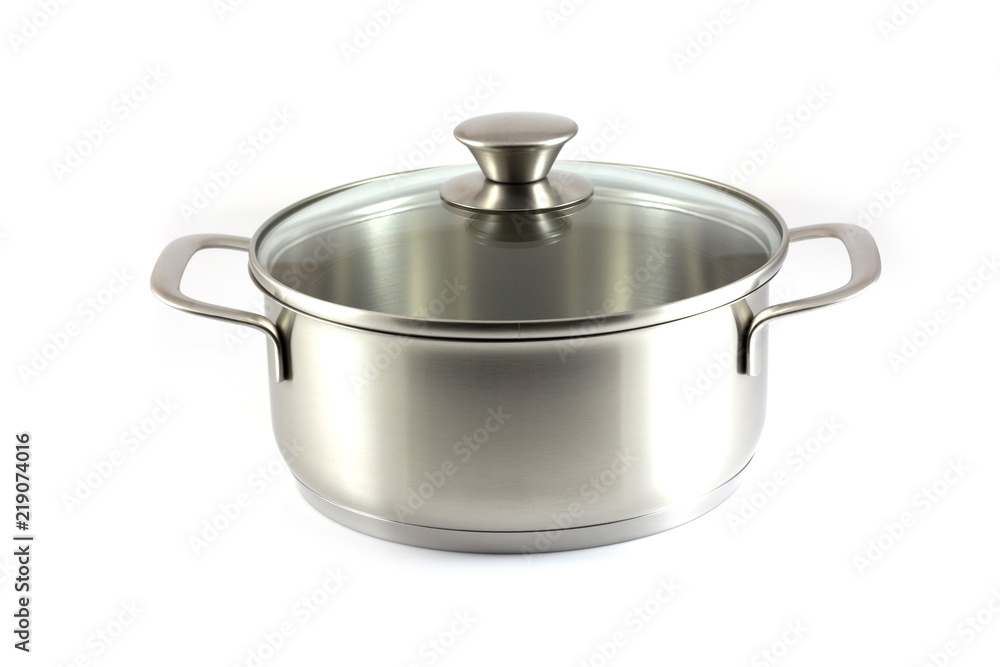 Stainless steel pot with glass cover isolated on white Stainless steel pot with glass cover isolated on white