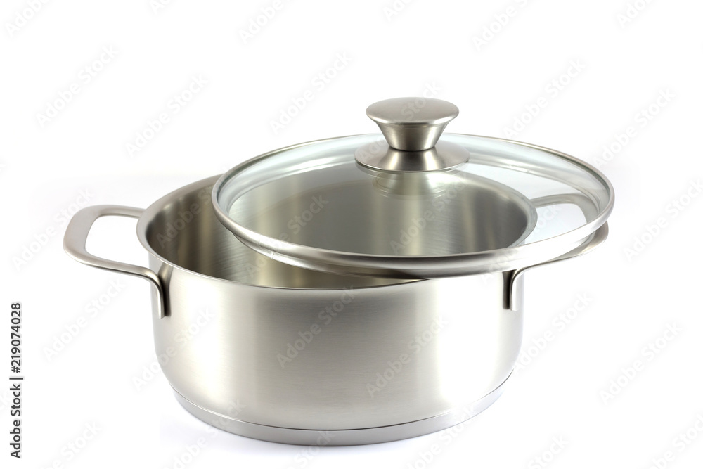 Stainless steel pot with glass cover isolated on white Stainless steel pot with glass cover isolated on white