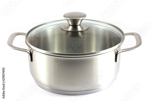 Stainless steel pot with glass cover isolated on white