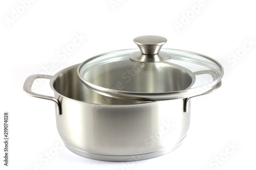 Stainless steel pot with glass cover isolated on white