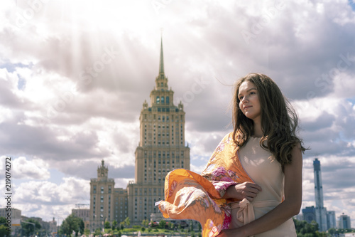 Russia  Moscow  August 10  2018  Portrait of a girl in the city  autumn  sunny day. Moscow  Muscovite.