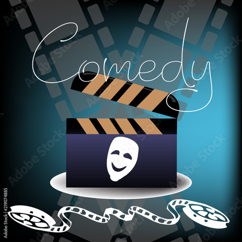 Isolated clapboard with a laughing mask, film reel and the word comedy written with handwritten letters