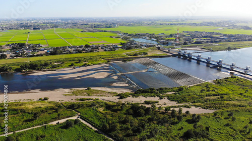 利根大堰　利根川　日本の河川　ドローン空撮写真