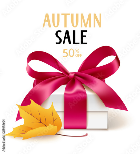 Autumn Sale template design. Vector gift box and yellow maple leaf isolated on white background