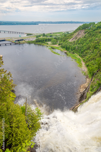 View at the Montmorency falls from bridge for pedestrians near Quebec in Canada