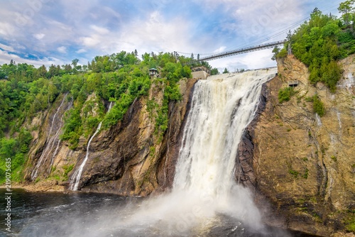 View at the Montmorency falls with bridge for pedestrians near Quebec in Canada