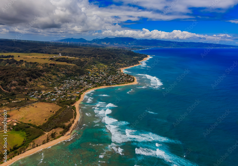Aerial view Honolulu coastline in Hawaii from a helicopter