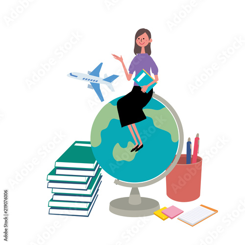 地球儀にすわる女性　イラスト
