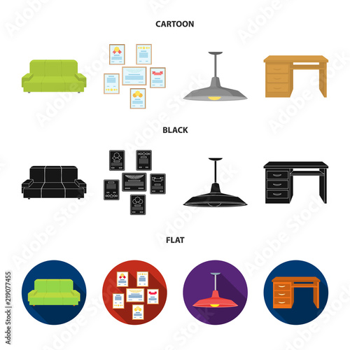Comfortable sofa, letters and diplomas within the framework, an office ceiling lamp, a desk with drawers. Office Furniture set collection icons in cartoon,black,flat style vector symbol stock