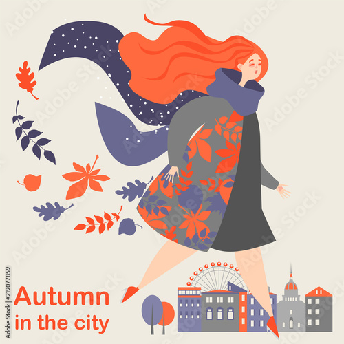 Autumn in the city. Symbolic image. Beautiful girl on a background of an autumn city landscape
