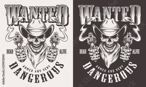 Wanted print with skull in vintage style