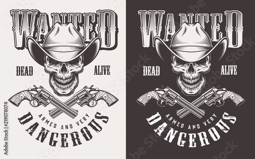 Wanted print with skull in vintage style